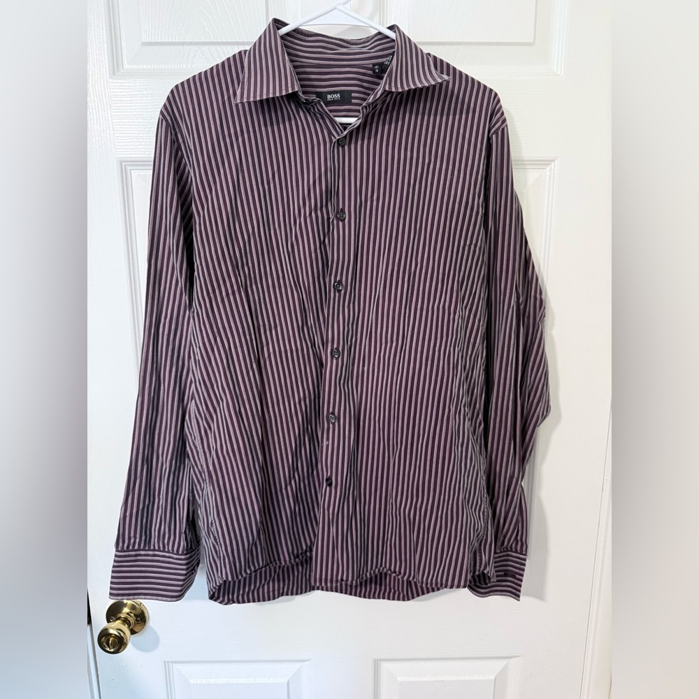 Hugo Boss Purple Striped Button Up Dress Shirt Luxury Fashion Designer 41/16